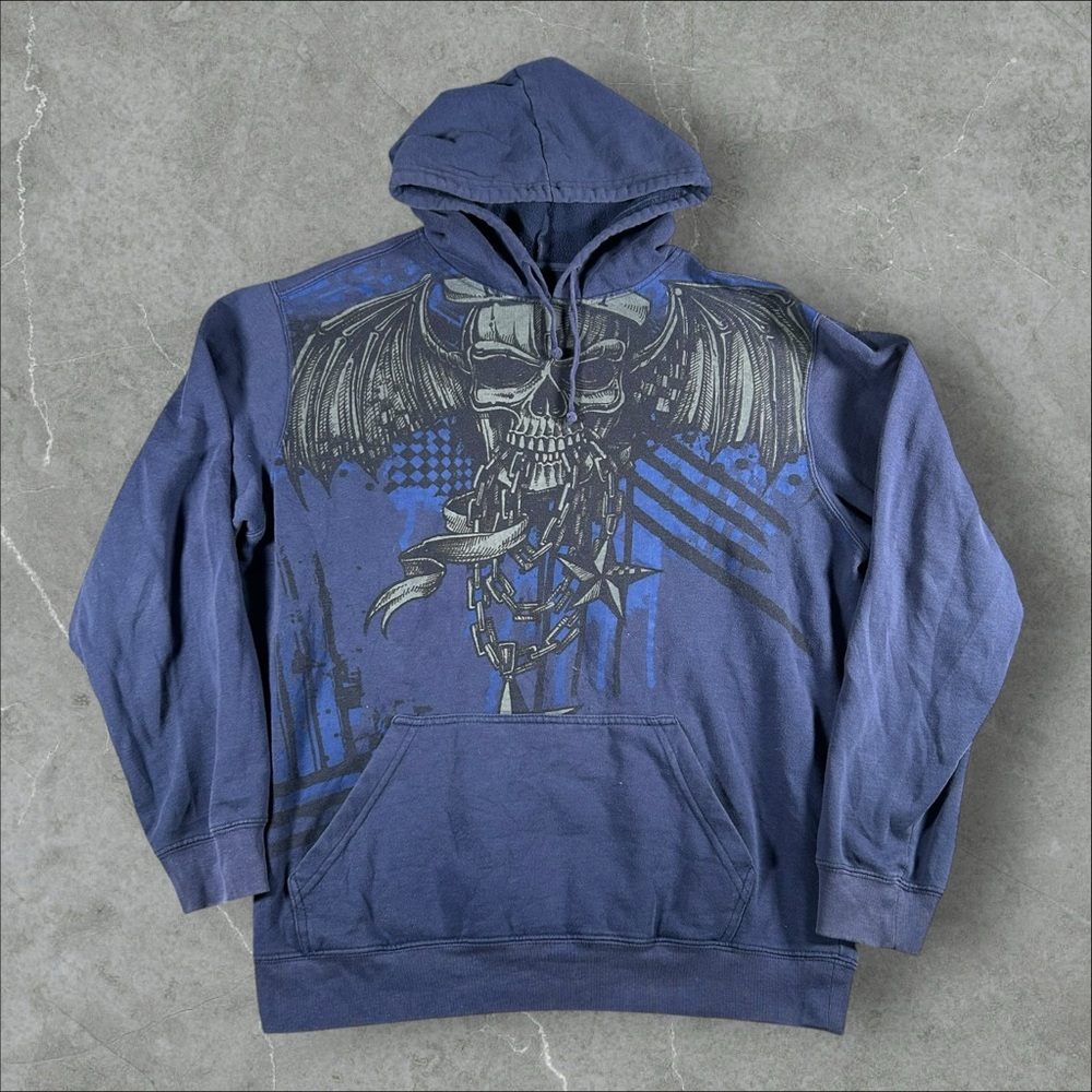 Hybrid Hoodie Mens‎ Large Blue Y2K Zip Up Skull Wings AOP Grunge Cyber Goth Emo
